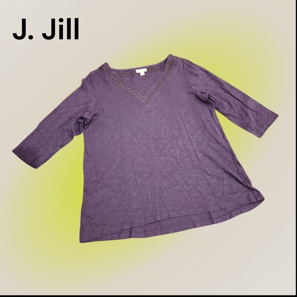 J. Jill Women Medium Purple 3/4 Sleeves Lace Trim V-Neck Top Cotton Modal Casual - Picture 9 of 9